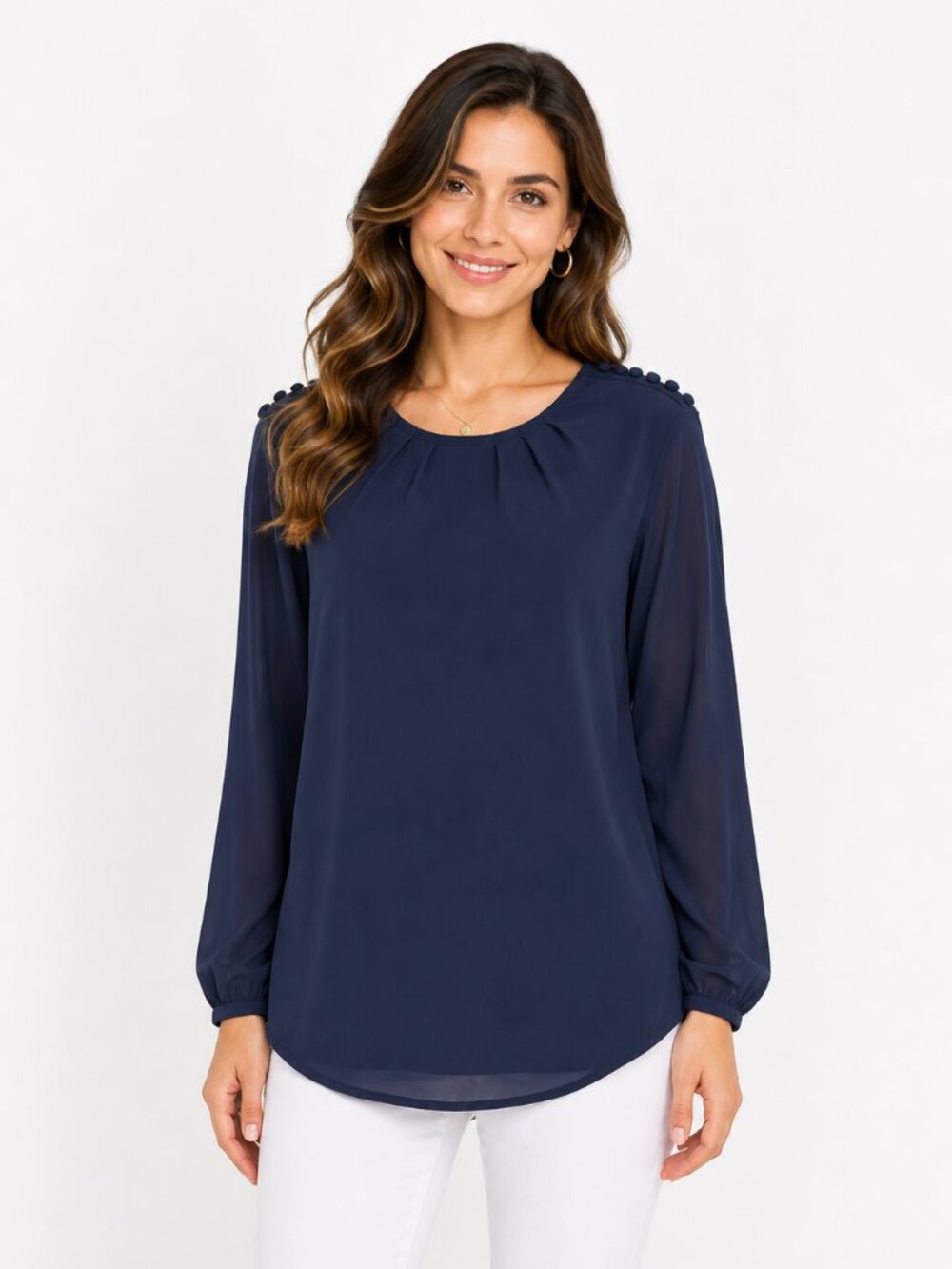 ONLY COLORS Navy Long-Sleeve Blouse with Button Shoulder Detail
